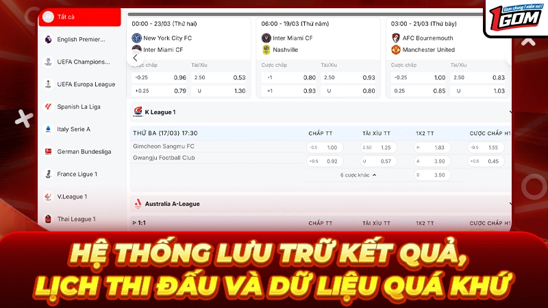 Hệ thống lưu trữ kết quả, lịch thi đấu và dữ liệu quá khứ